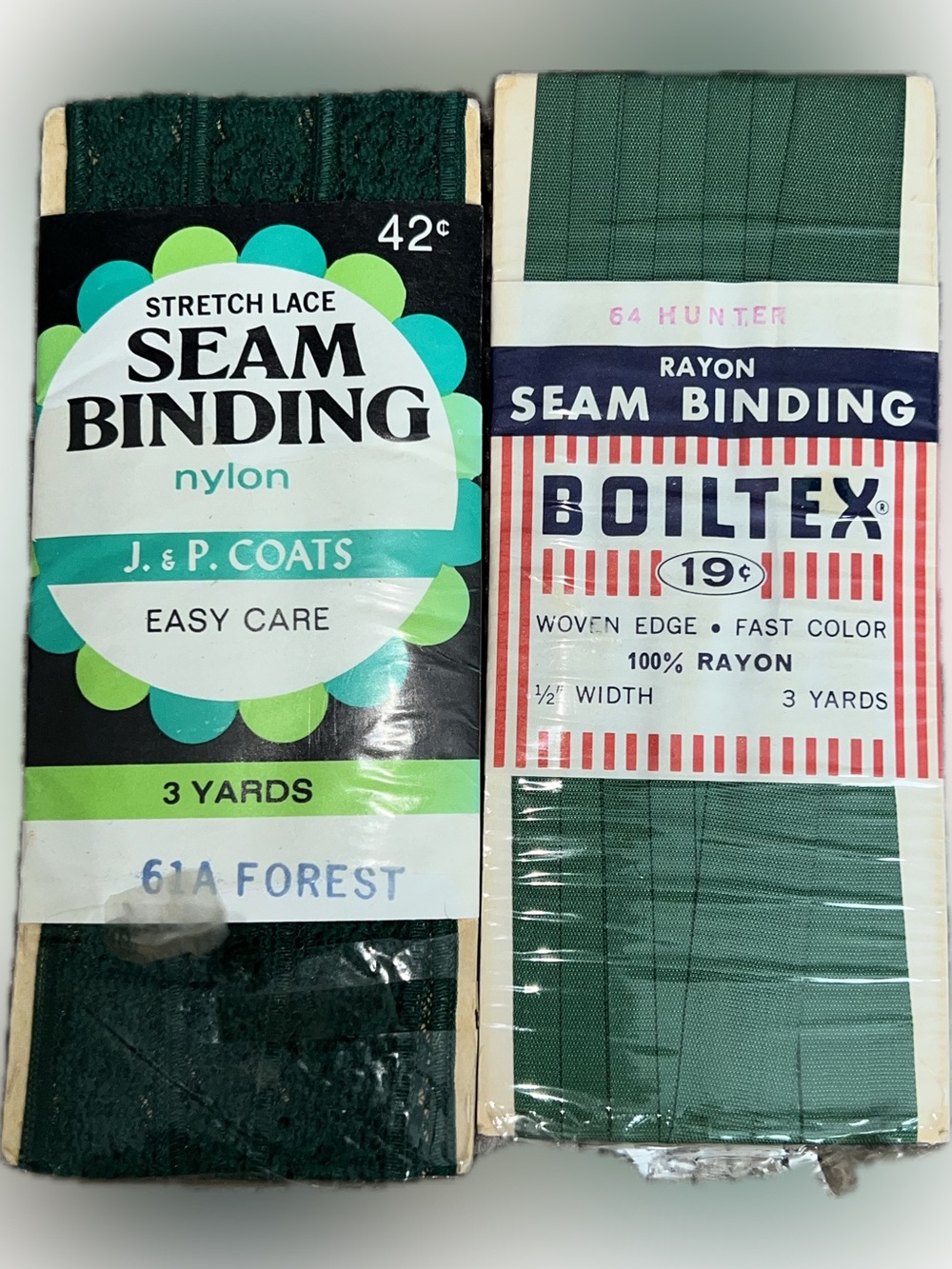 🔴Vintage New J. & P. Coats Boiltex Binding Tape 3 Yards Green 2 Packs Sewing